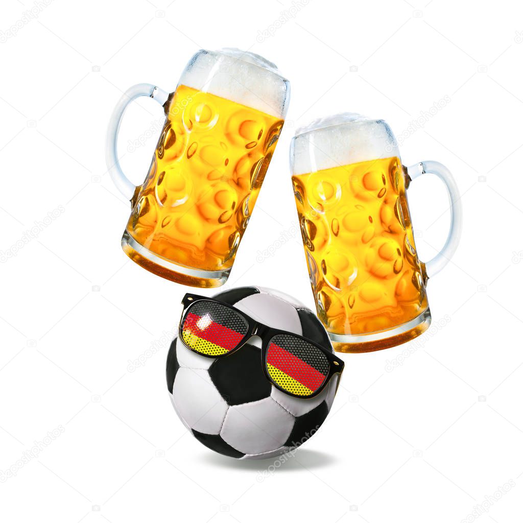 Two glasses with beer and soccer ball with german fan sunglasses isolated on a white background