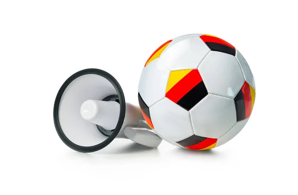 Bola Futebol Com Bandeira Alemã Megafone Isolado Branco — Fotografia de Stock