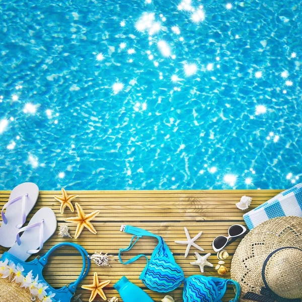 Stro Hoed Zonnebrillen Andere Accessoires Van Strand Zomer Vakantie Concept — Stockfoto