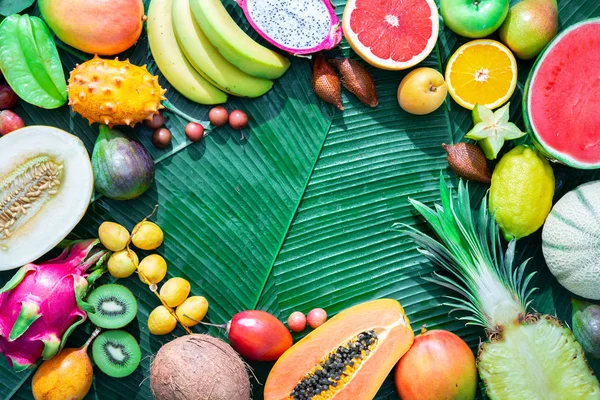 Tropikal meyve ve palmiye ağaçlarının yaprakları üzerinde ürün yelpazesine. Üstten görünüm