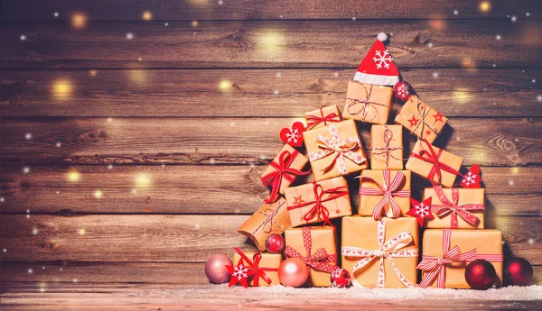 Χριστουγεννιάτικο Φόντο Διακοσμήσεις Και Κουτιά Δώρων Ξύλινο Πίνακα — Φωτογραφία Αρχείου