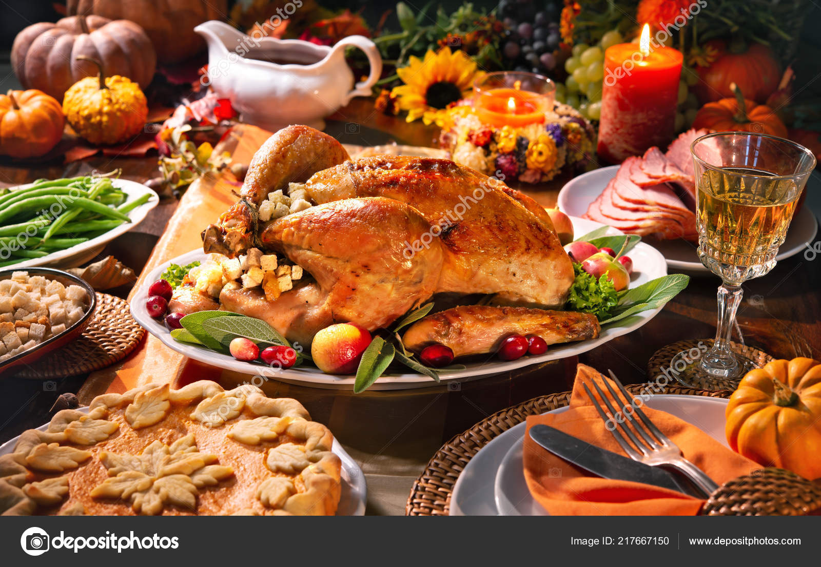 Thanksgiving Dinner Roasted Turkey Garnished Cranberries Rustic Style ...