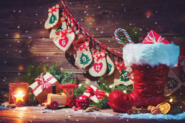 Sfondo Natalizio Calendario Dell Avvento Scarpa Babbo Natale Con Regali — Foto Stock