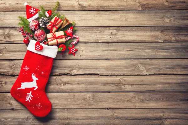Calza Natale Giocattoli Sfondo Legno Rustico — Foto Stock