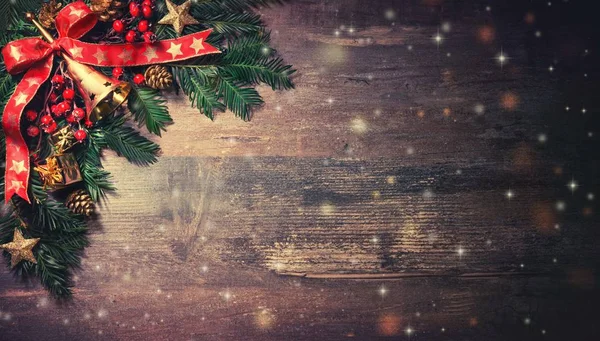 Fondo Navidad Con Abeto Decoración Tablero Madera Oscura —  Fotos de Stock