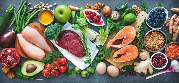 Balanced Diet Food Background Organic Food Healthy Nutrition Superfoods Meat — Stock Photo, Image