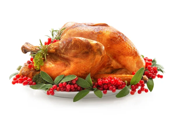 Christmas Thanksgiving Turkey Garnished Red Berries Sage Leaves Isolated White — Stock Photo, Image