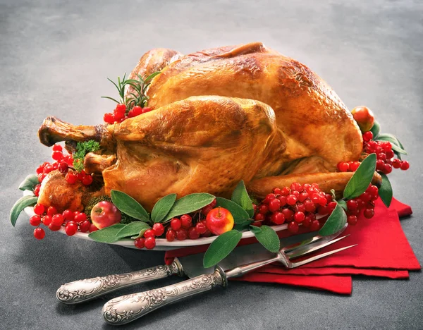 Christmas Thanksgiving Turkey Garnished Red Berries Sage Leaves — Stock Photo, Image