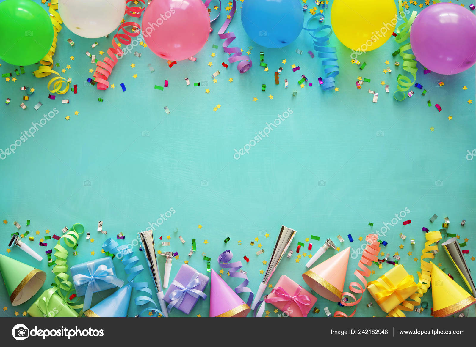 Décoration Fête D'anniversaire Avec Ballons Coffrets Cadeaux Vapeurs  Confettis image libre de droit par alexraths © #242182948