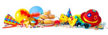 Colorful carnival or party background with donuts, balloons, streamers and confetti and funny face formed from wig, hat and eyeglasses isolated on white clipart