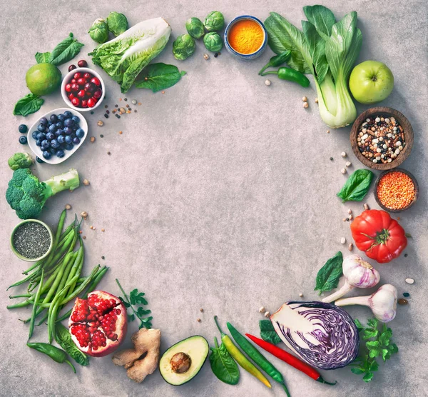 Επιλογή Υγιεινή Διατροφή Φρούτα Λαχανικά Σπόρους Σούπερ Τροφές Δημητριακά Γκρίζο — Φωτογραφία Αρχείου