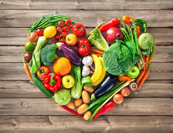 Heart Shape Various Vegetables Fruits Wooden Table Healthy Food Concept — Stock Photo, Image