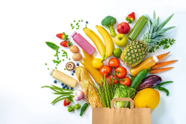 Výběr Zdravých Potravin Nákupní Taška Plná Čerstvé Zeleniny Ovoce Izolované — Stock fotografie