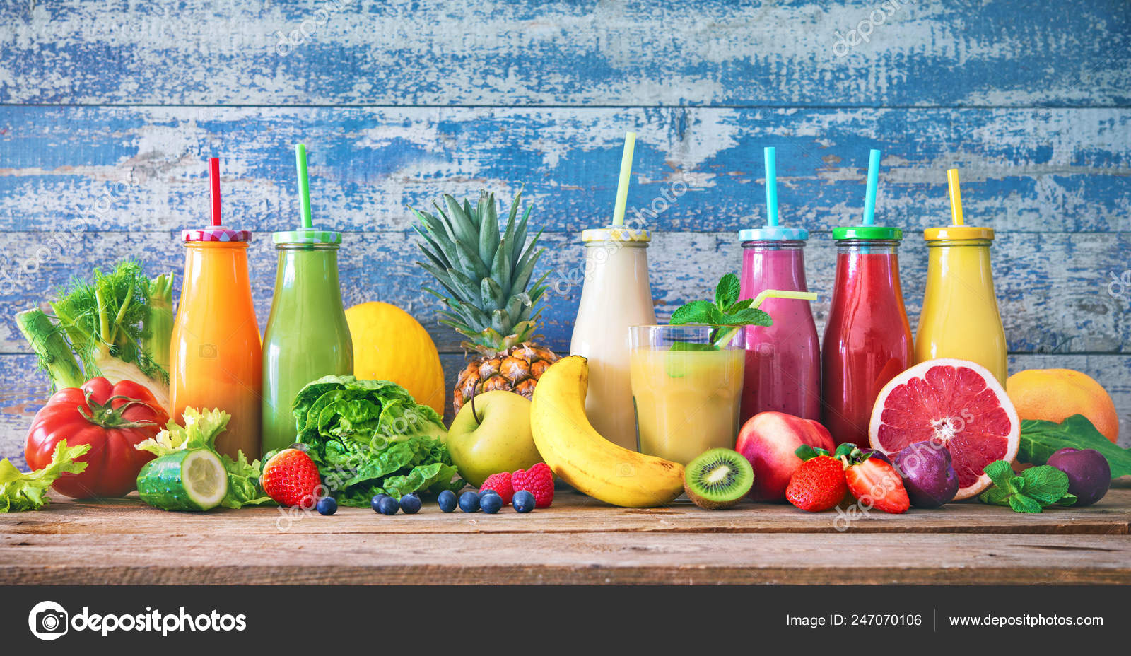 Colorful Freshly Squeezed Fruits Vegetables Smoothies Ingredients Healthy Eating Detox Stock