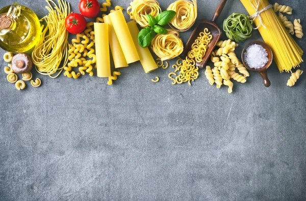 Various Pasta Stone Background Top View Copy Space — Stock Photo, Image