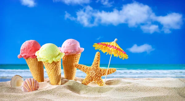 Zmrzliny Kornouty Mušle Písku Pláži Mořskou Krajinou — Stock fotografie