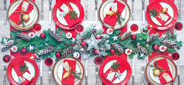 Christmas Holidays Table Setting Concept Wine Glasses Tableware Festive Dinner — Stock Photo, Image