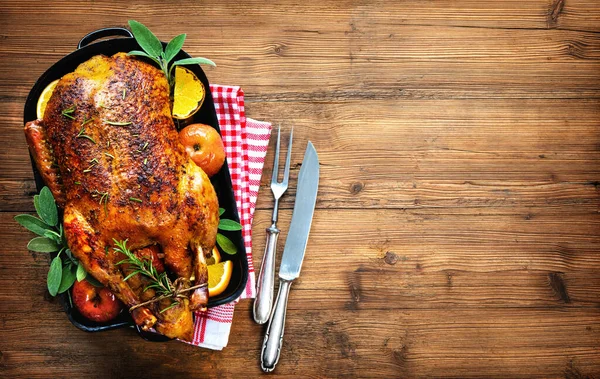 Winter Holiday Table Served Christmas Dinner Roasted Duck — Stock Photo, Image