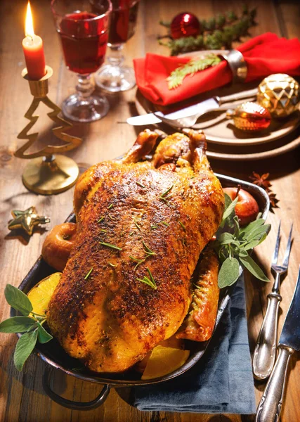 Winter Holiday Table Served Christmas Dinner Roasted Duck Decorated Candles — Stock Photo, Image
