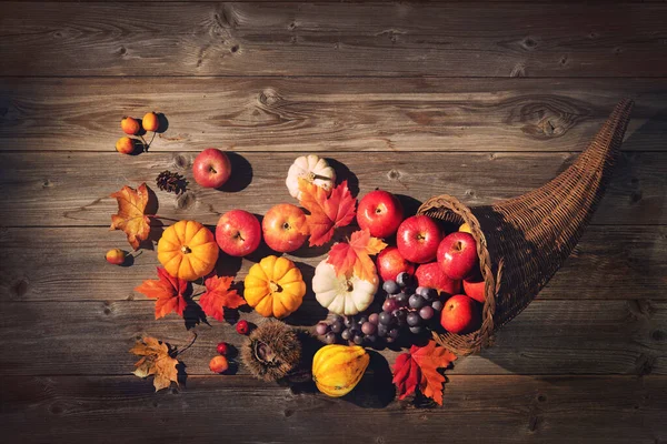 Cornucópia Ação Graças Cheia Abóboras Maçãs Uvas Folhas Fundo Madeira — Fotografia de Stock