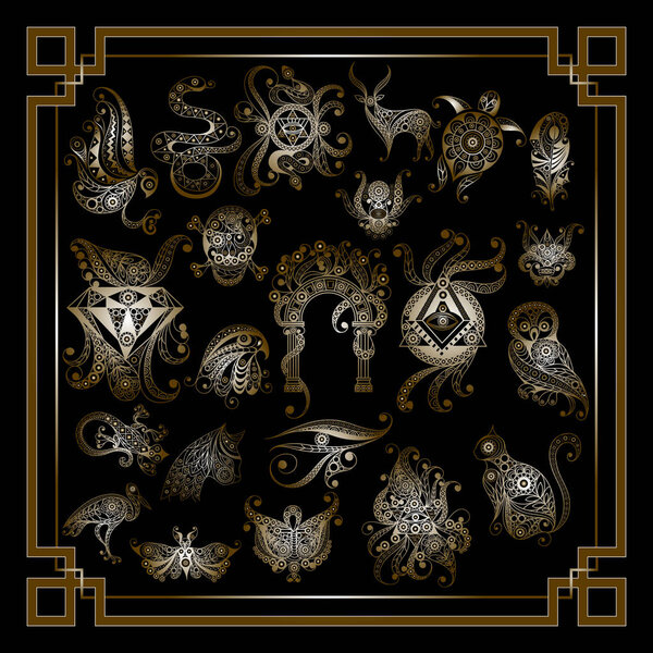 Graphic abstract design with occult symbols-set. Masonic (freemasonic) drawing. Suitable for invitation, flyer, sticker, poster, banner, card, label, cover, web. Vector illustration.