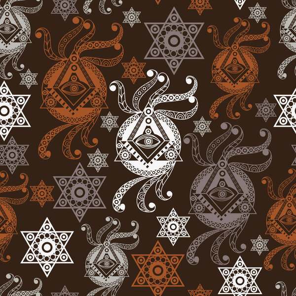 Seamless background with occult symbol. Masonic (freemasonic) texture (pattern). Suitable for textile, wallpapers, print, wrapping, scrapbooking, book cover, cloth design. Vector illustration.