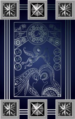 Gizli tarot kartı ile soyut grafik tasarım. Major Arcana - aşıklar. Davet, el ilanı, etiket, poster, afiş, kart, etiket, kapak, web için uygundur. Vektör çizim.