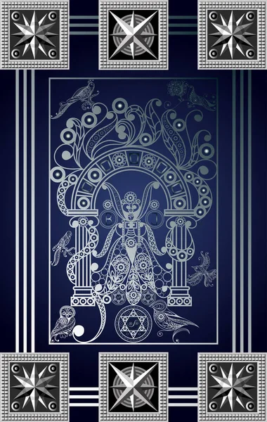 Gizli tarot kartı ile soyut grafik tasarım. Major Arcana - baş rahibe (Popess). Davet, el ilanı, etiket, poster, afiş, kart, etiket, kapak, web için uygundur. Vektör çizim.