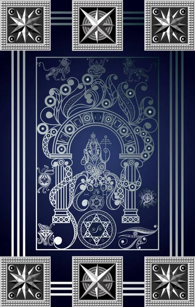 Gizli tarot kartı ile soyut grafik tasarım. Major Arcana - Hierophant. Davet, el ilanı, etiket, poster, afiş, kart, etiket, kapak, web için uygundur. Vektör çizim.