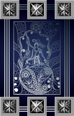 Gizli tarot kartı ile soyut grafik tasarım. Major Arcana - sihirbaz (Mountebank). Davet, el ilanı, etiket, poster, afiş, kart, etiket, kapak, web için uygundur. Vektör çizim.