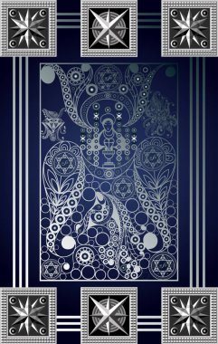 Gizli tarot kartı ile soyut grafik tasarım. Major Arcana - savaş arabası. Davet, el ilanı, etiket, poster, afiş, kart, etiket, kapak, web için uygundur. Vektör çizim.