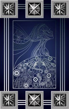 Gizli tarot kartı ile soyut grafik tasarım. Minor Arcana - Wands kraliçesi. Davet, el ilanı, etiket, poster, afiş, kart, etiket, kapak, web için uygundur. Vektör çizim.