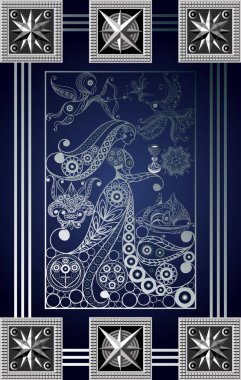 Gizli tarot kartı ile soyut grafik tasarım. Minor Arcana - bardak kraliçesi. Davet, el ilanı, etiket, poster, afiş, kart, etiket, kapak, web için uygundur. Vektör çizim.