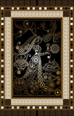 Gizli tarot kartı ile soyut grafik tasarım. Minor Arcana - bardak kraliçesi. Davet, el ilanı, etiket, poster, afiş, kart, etiket, kapak, web için uygundur. Vektör çizim.