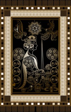 Gizli tarot kartı ile soyut grafik tasarım. Minor Arcana - kılıç kraliçesi. Davet, el ilanı, etiket, poster, afiş, kart, etiket, kapak, web için uygundur. Vektör çizim.