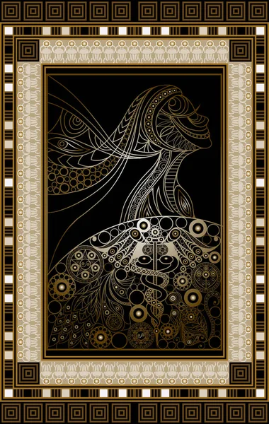 Gizli tarot kartı ile soyut grafik tasarım. Minor Arcana - Wands kraliçesi. Davet, el ilanı, etiket, poster, afiş, kart, etiket, kapak, web için uygundur. Vektör çizim.