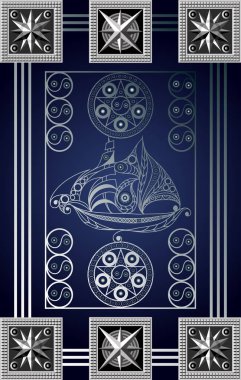 Tarot kartlı grafiksel soyut tasarım. Minor Arcana - İki pentacles. Davetiye, ilan, çıkartma, poster, afiş, kart, etiket, kapak, web için uygun. Vektör illüstrasyonu.