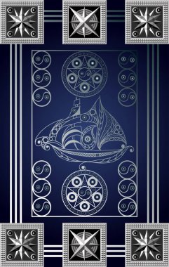 Graphic abstract design with occult tarot card. Minor Arcana - Two of Pentacles . Suitable for invitation, flyer, sticker, poster, banner, card, label, cover, web. Vector illustration. clipart