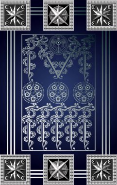 Tarot kartlı grafiksel soyut tasarım. Minor Arcana - Kılıçların dokuzlusu. Davetiye, ilan, çıkartma, poster, afiş, kart, etiket, kapak, web için uygun. Vektör illüstrasyonu.