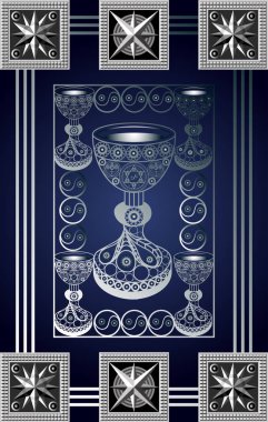 Tarot kartlı grafiksel soyut tasarım. Minor Arcana - Kupa Beş. Davetiye, ilan, çıkartma, poster, afiş, kart, etiket, kapak, web için uygun. Vektör illüstrasyonu.