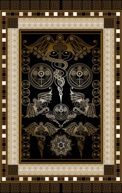 Tarot kartlı grafiksel soyut tasarım. Minor Arcana - Asa Beş. Davetiye, ilan, çıkartma, poster, afiş, kart, etiket, kapak, web için uygun. Vektör illüstrasyonu.