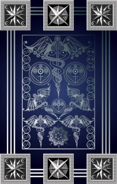 Tarot kartlı grafiksel soyut tasarım. Minor Arcana - Asa Beş. Davetiye, ilan, çıkartma, poster, afiş, kart, etiket, kapak, web için uygun. Vektör illüstrasyonu.
