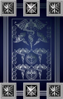 Tarot kartlı grafiksel soyut tasarım. Minor Arcana - Asa Yedi. Davetiye, ilan, çıkartma, poster, afiş, kart, etiket, kapak, web için uygun. Vektör illüstrasyonu.