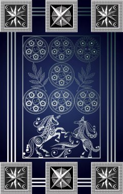 Tarot kartlı grafiksel soyut tasarım. Minor Arcana - Beş köşeli yıldız yedi. Davetiye, ilan, çıkartma, poster, afiş, kart, etiket, kapak, web için uygun. Vektör illüstrasyonu.