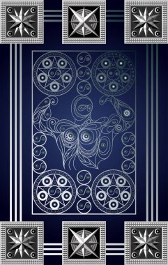 Tarot kartlı grafiksel soyut tasarım. Minor Arcana - Dört pentacles. Davetiye, ilan, çıkartma, poster, afiş, kart, etiket, kapak, web için uygun. Vektör illüstrasyonu.