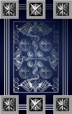 Tarot kartlı grafiksel soyut tasarım. Minor Arcana - Asa Dört. Davetiye, ilan, çıkartma, poster, afiş, kart, etiket, kapak, web için uygun. Vektör illüstrasyonu.