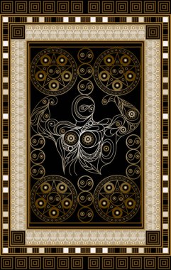 Tarot kartlı grafiksel soyut tasarım. Minor Arcana - Dört pentacles. Davetiye, ilan, çıkartma, poster, afiş, kart, etiket, kapak, web için uygun. Vektör illüstrasyonu.