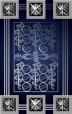 Tarot kartlı grafiksel soyut tasarım. Minor Arcana - Kılıçların altılısı. Davetiye, ilan, çıkartma, poster, afiş, kart, etiket, kapak, web için uygun. Vektör illüstrasyonu.