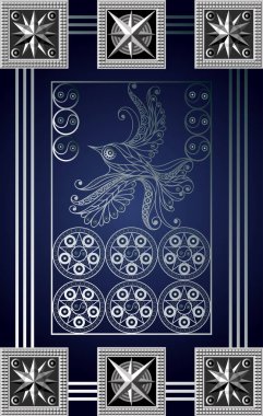 Tarot kartlı grafiksel soyut tasarım. Minor Arcana - Altı pentacles. Davetiye, ilan, çıkartma, poster, afiş, kart, etiket, kapak, web için uygun. Vektör illüstrasyonu.