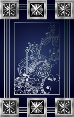 Gizli tarot kartı ile soyut grafik tasarım. Minor Arcana - kralı .detaylar gizli tutulmuştu. Davet, el ilanı, etiket, poster, afiş, kart, etiket, kapak, web için uygundur. Vektör çizim.